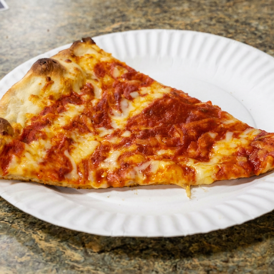 Large slice of cheese and pepperoni pizza on a white paper plate atop a speckled countertop.