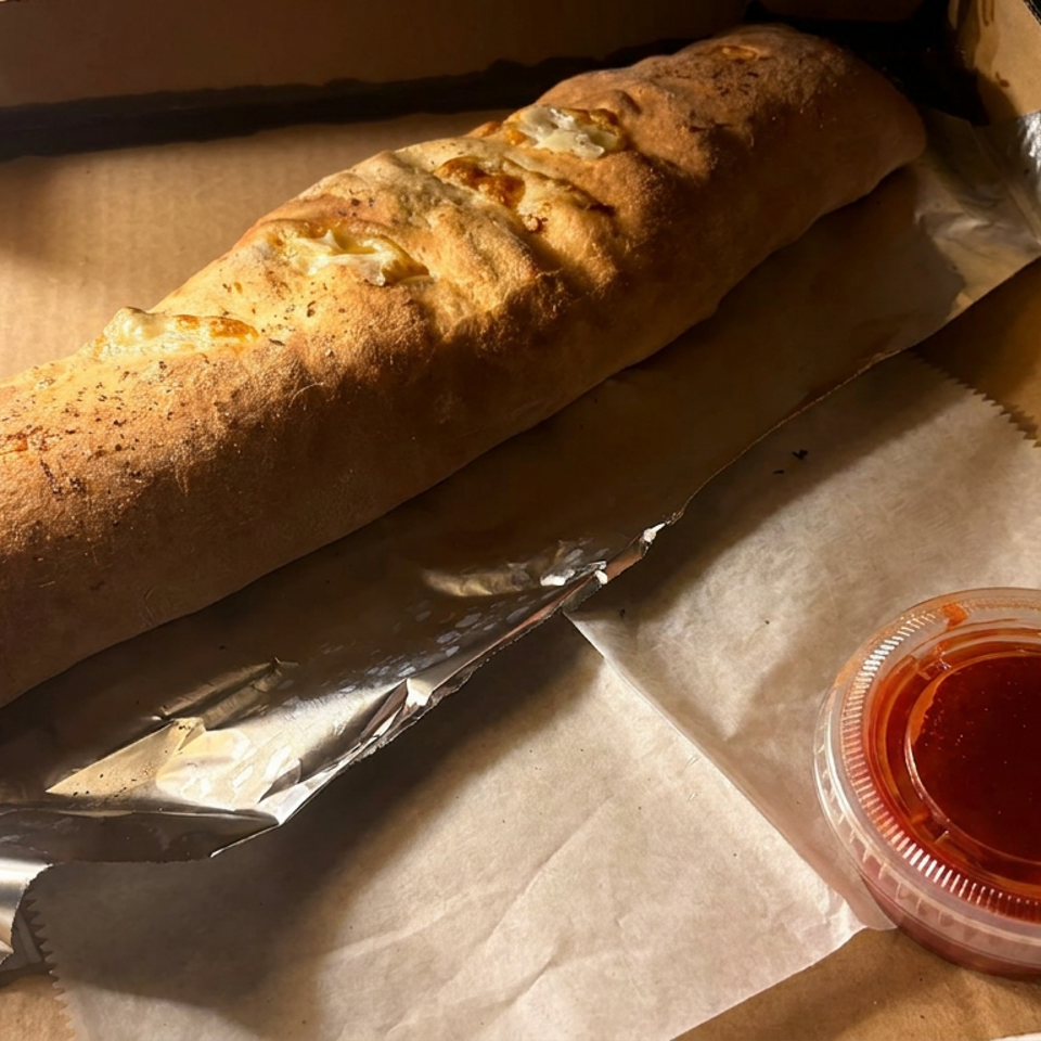 Long baked stuffed bread with visible cheese in a cardboard takeout box, accompanied by a container of red dipping sauce.