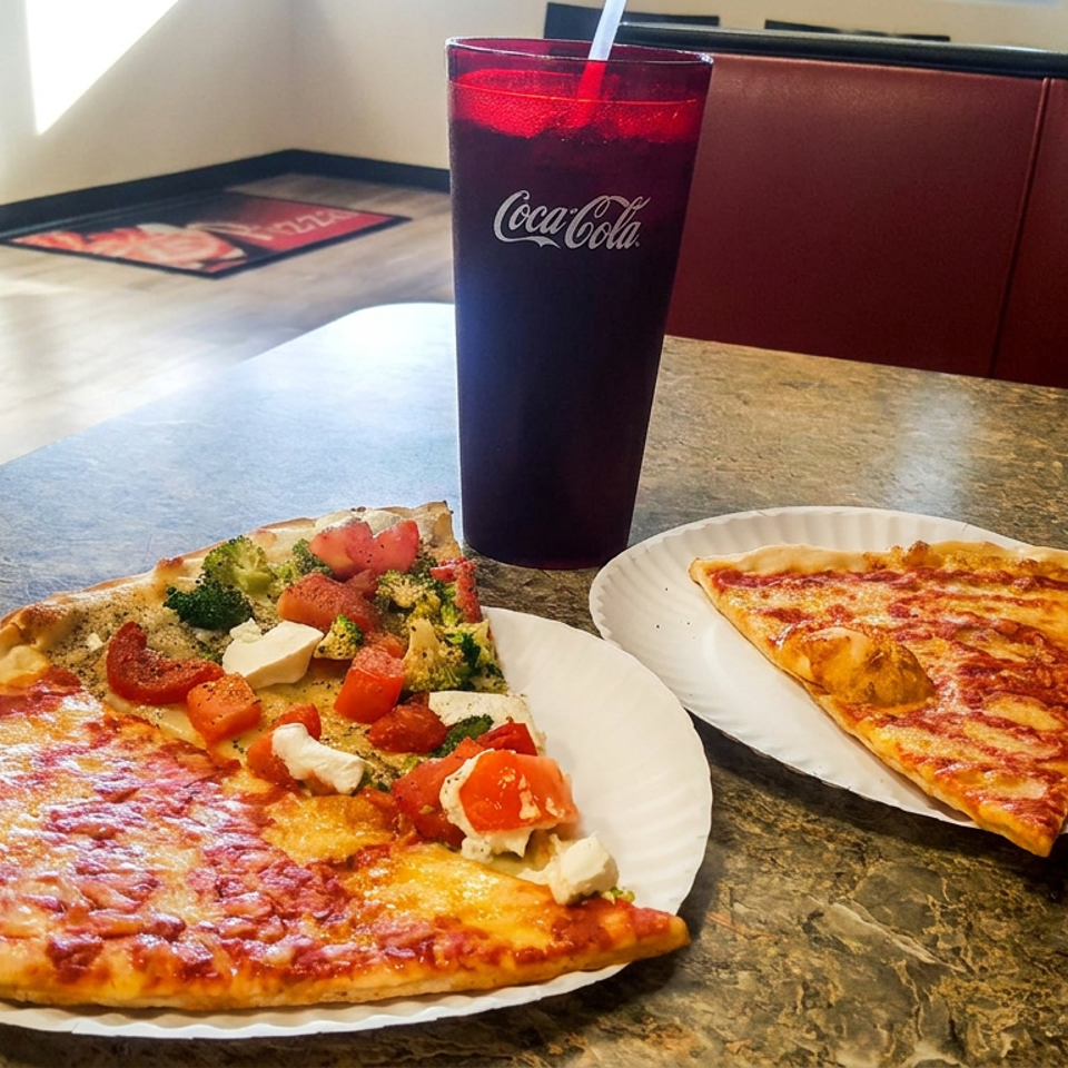 Two plates of pizza, including cheese and vegetable-topped slices, sit beside a Coca-Cola drink on a restaurant table.