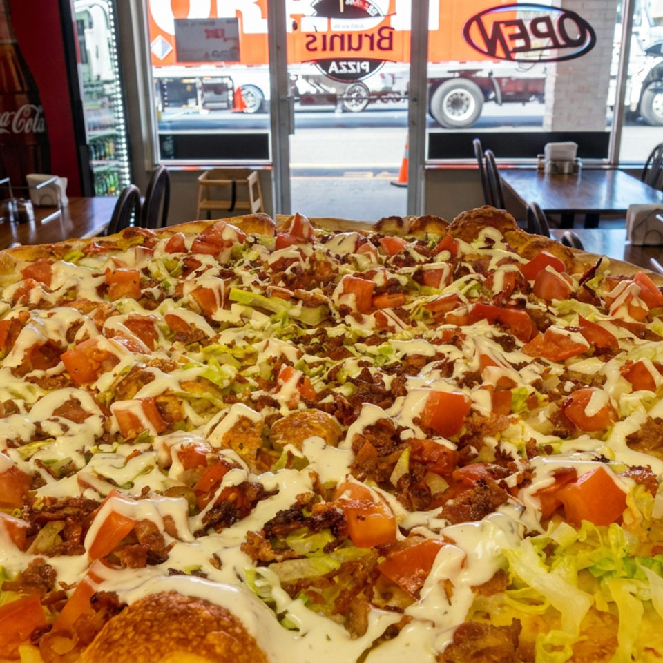 Large loaded pizza topped with lettuce, tomatoes, bacon, meat, cheese, and creamy dressing in a casual pizzeria dining room.